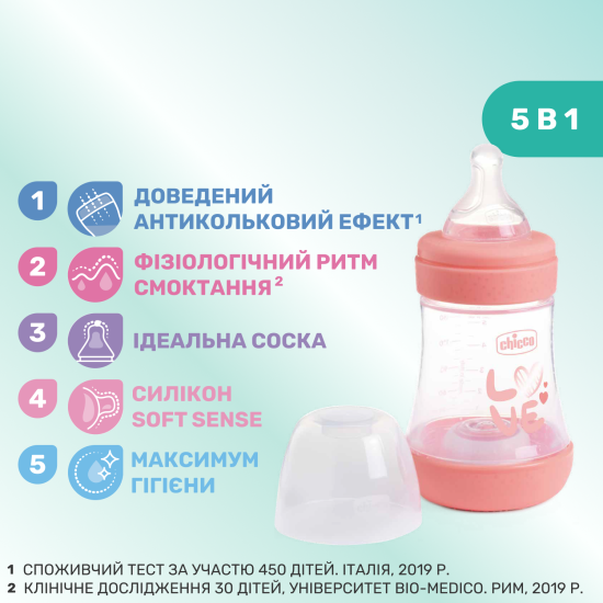 Бутылочка пластик Chicco PERFECT 5 Love, 150 мл, соска силикон, 0 м+ Бутылочка пластик Chicco PERFECT 5 Love, 150 мл, соска силикон, 0 м+
