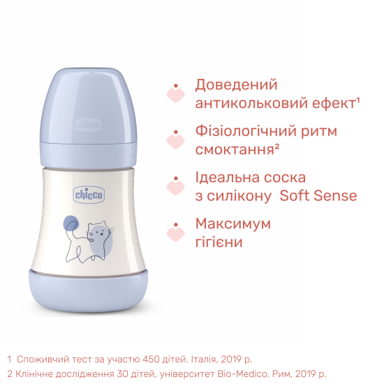 Пляшечка пластик Chicco PERFECT 5 Kitten, 150 мл, соска силікон, 0 м+