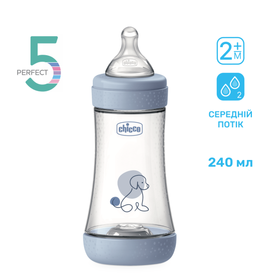 Бутылочка пластик Chicco PERFECT 5 Puppy, 240 мл, соска силикон, 2 м+ Бутылочка пластик Chicco PERFECT 5 Puppy, 240 мл, соска силикон, 2 м+