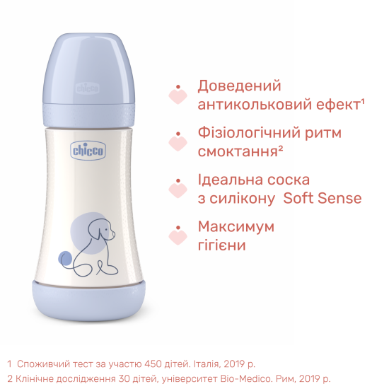 Бутылочка пластик Chicco PERFECT 5 Puppy, 240 мл, соска силикон, 2 м+ Бутылочка пластик Chicco PERFECT 5 Puppy, 240 мл, соска силикон, 2 м+