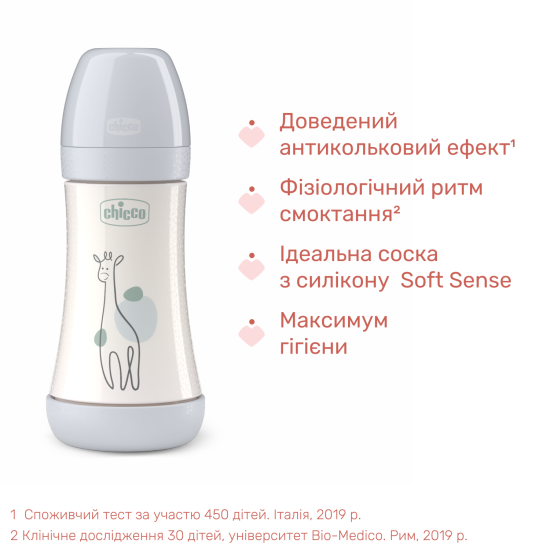 Бутылочка пластик Chicco PERFECT 5 Giraffe, 240 мл, соска силикон, 2 м+ Бутылочка пластик Chicco PERFECT 5 Giraffe, 240 мл, соска силикон, 2 м+